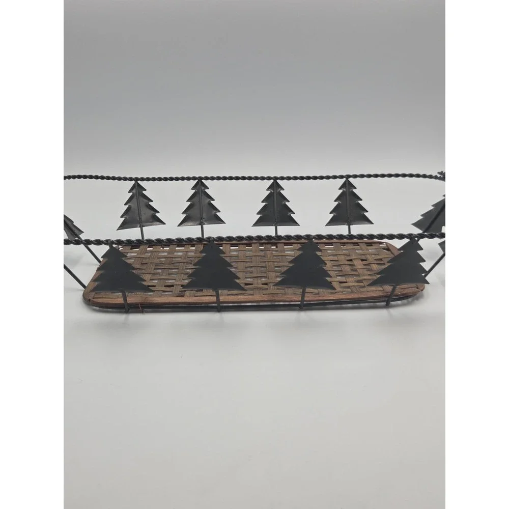 Vintage Wicker Wire Pine Tree Rectangle Bread Basket Tray Handles Holiday